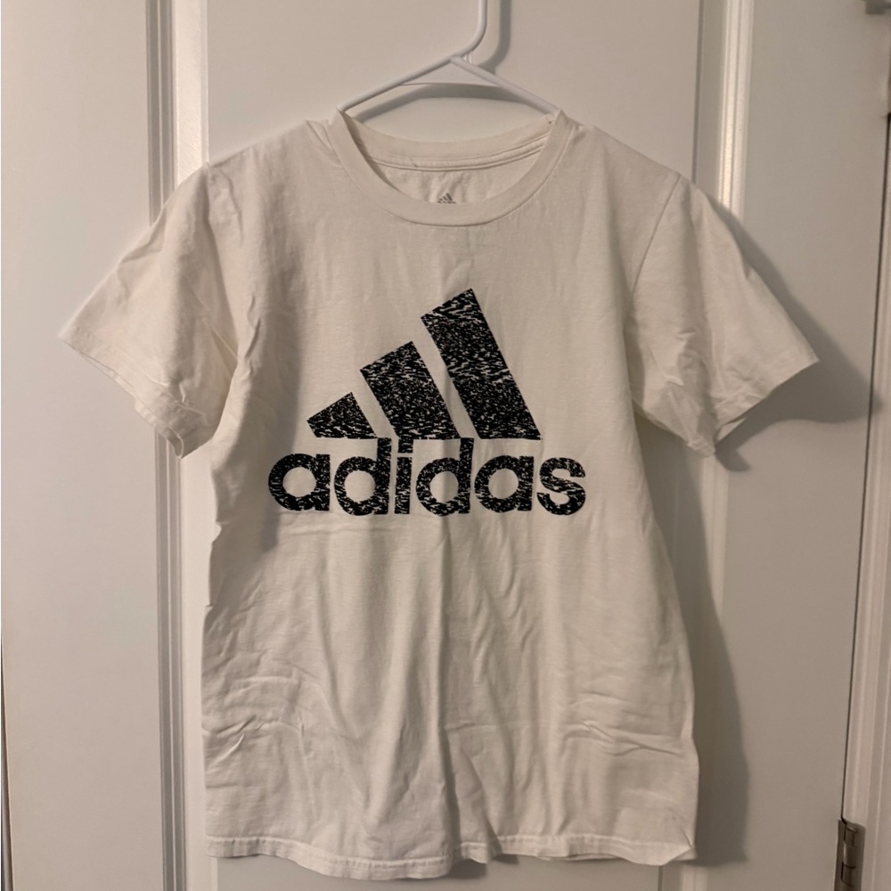 adidas White Short Sleeve Tee with Distressed Black Logo, Sz S